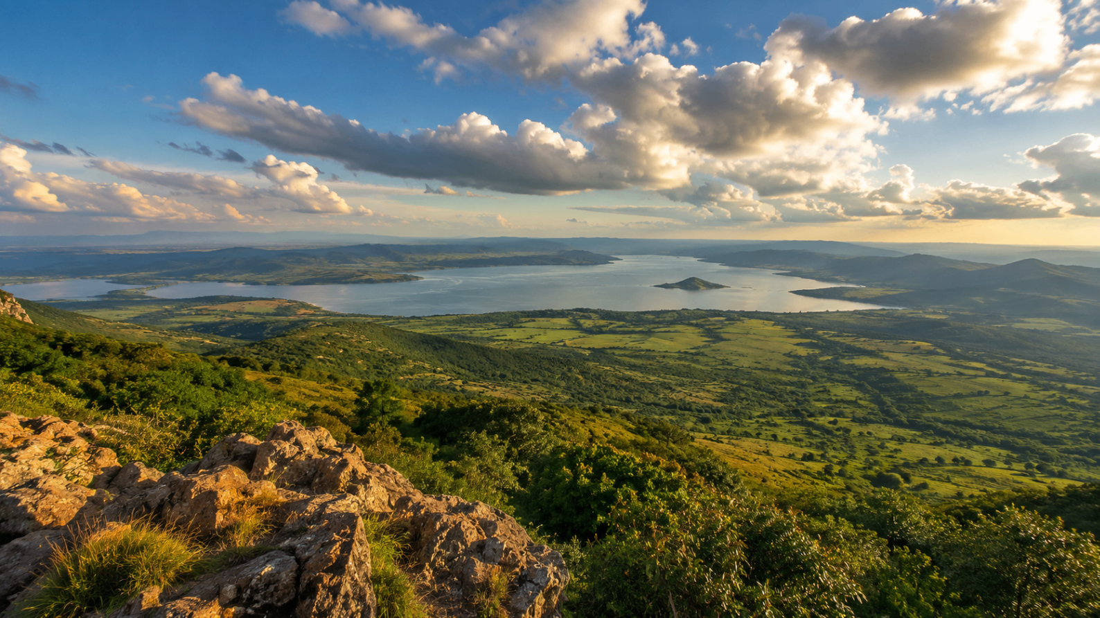 A wide scenic view over Hartbeespoort Dam under expansive clouds