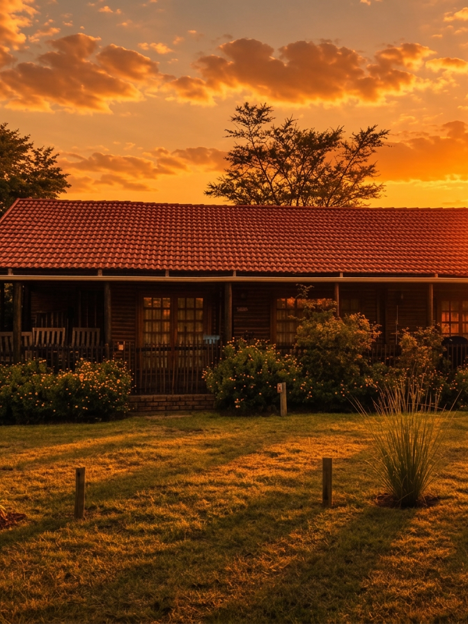 The Woodland Lodge at sunset surrounded by garden and trees