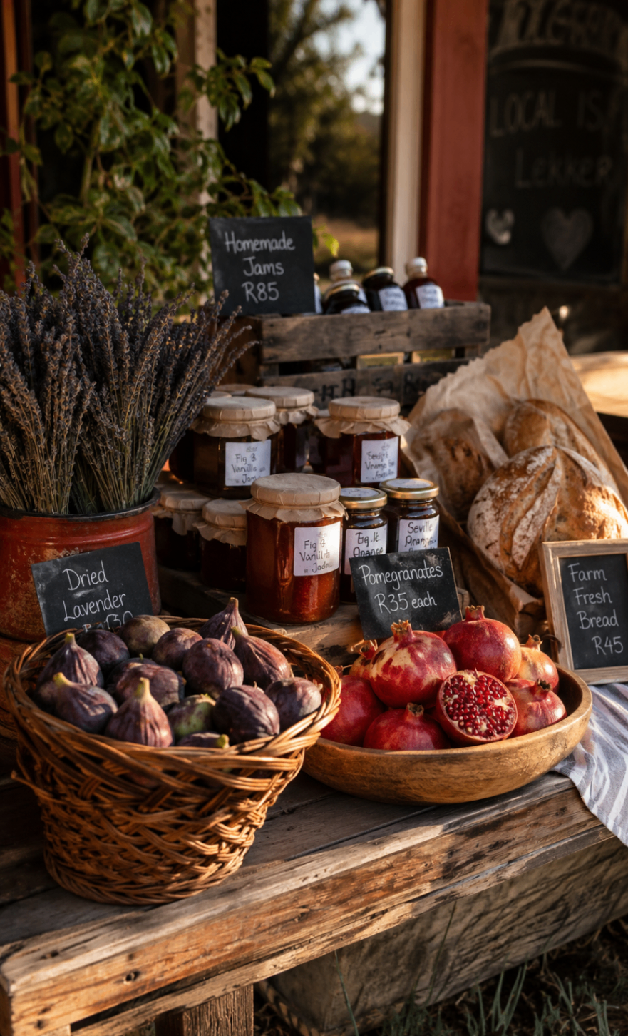 A rustic farm stall display with bread, preserves, figs and pomegranates