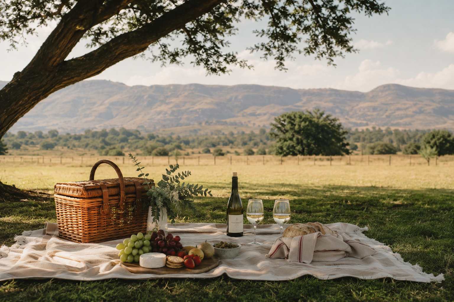 A picnic basket, wine and grazing board set on a blanket beneath a tree with mountain views
