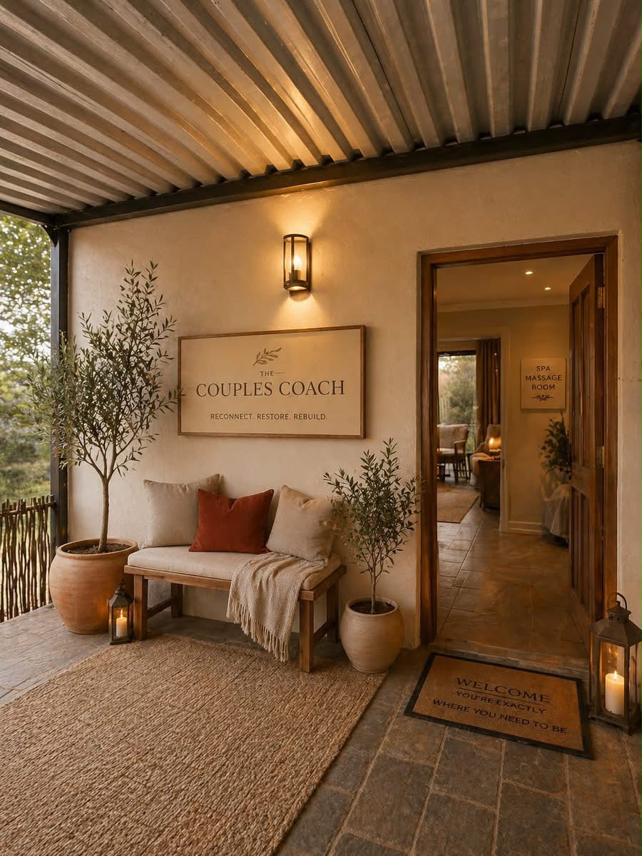 The Couples Coach entrance with welcoming veranda seating and soft lantern light