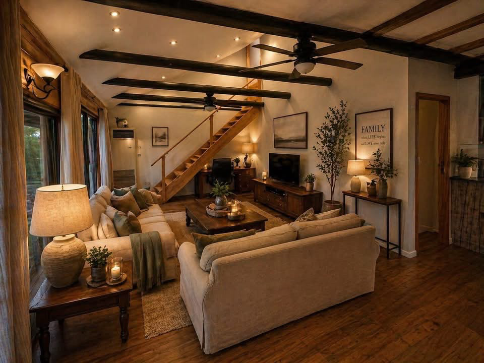 Open plan lounge with exposed beams inside the Family Lodge