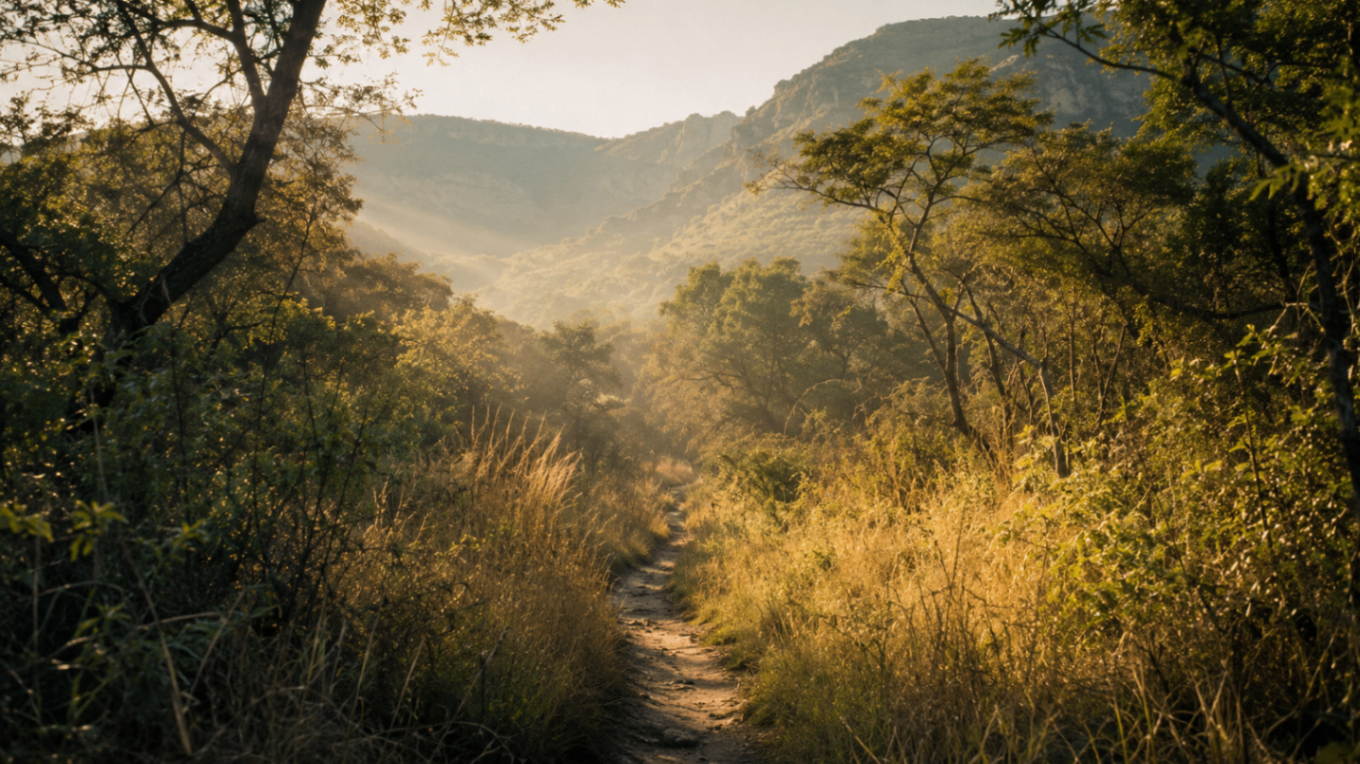 A narrow bush path winding through sunlit trees and grasses