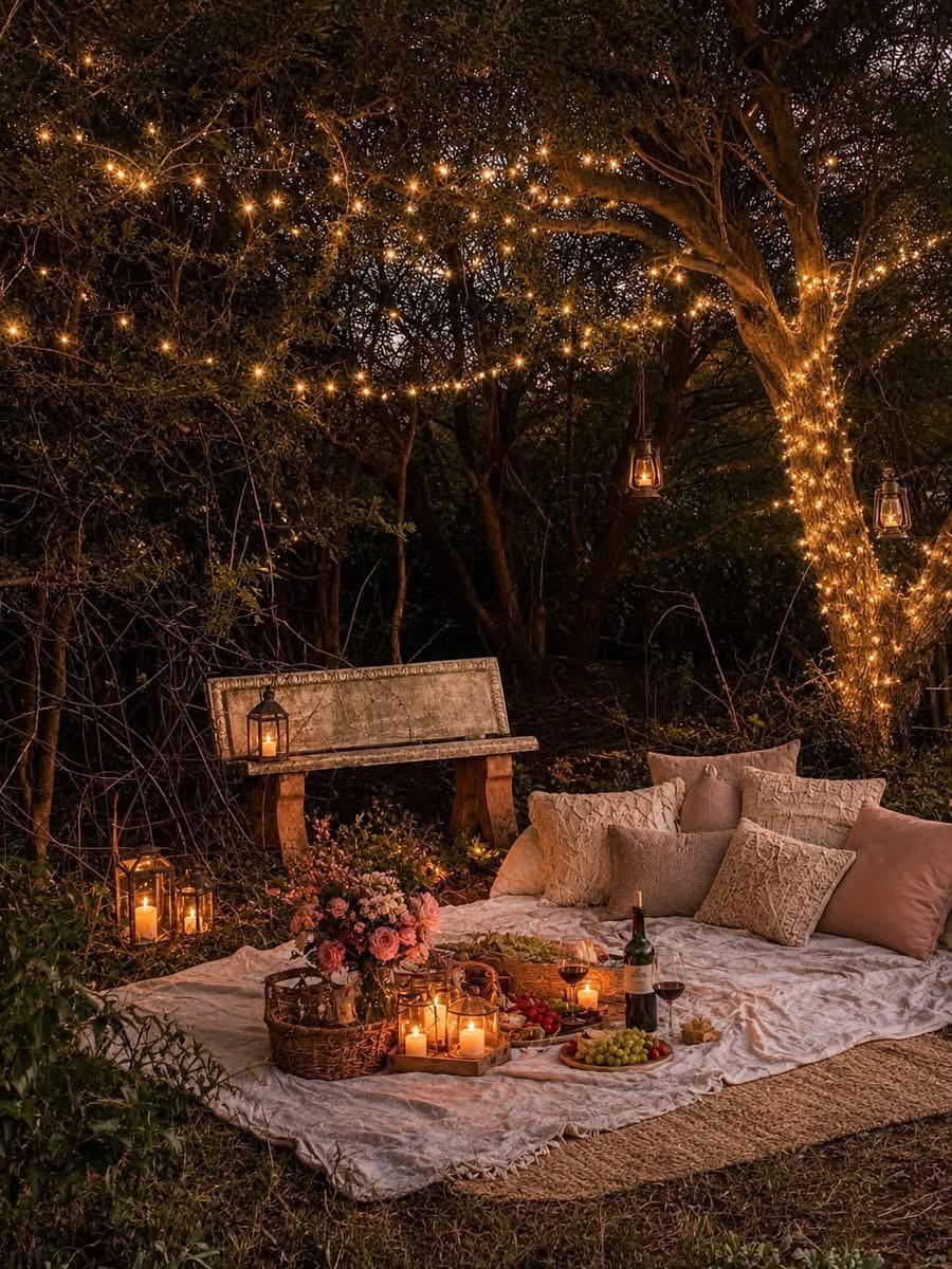 Candlelit evening picnic with cushions, lanterns, flowers and fairy lights strung through the trees