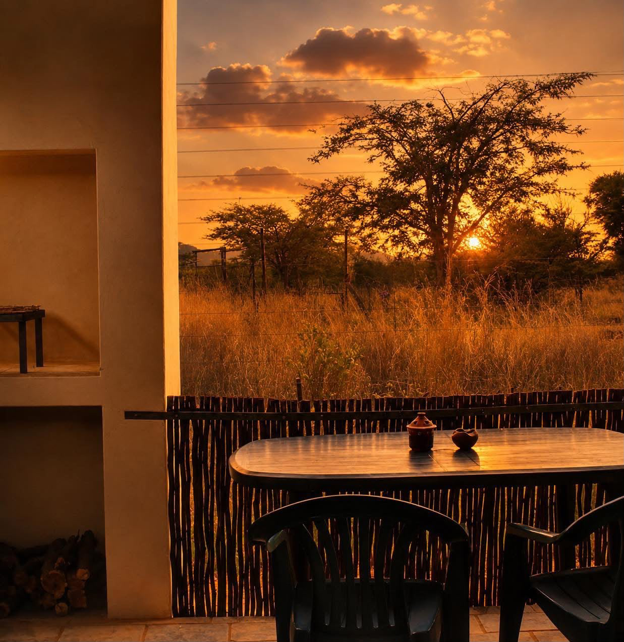 Private sunset patio with outdoor seating overlooking the bushveld at the Couples Suites