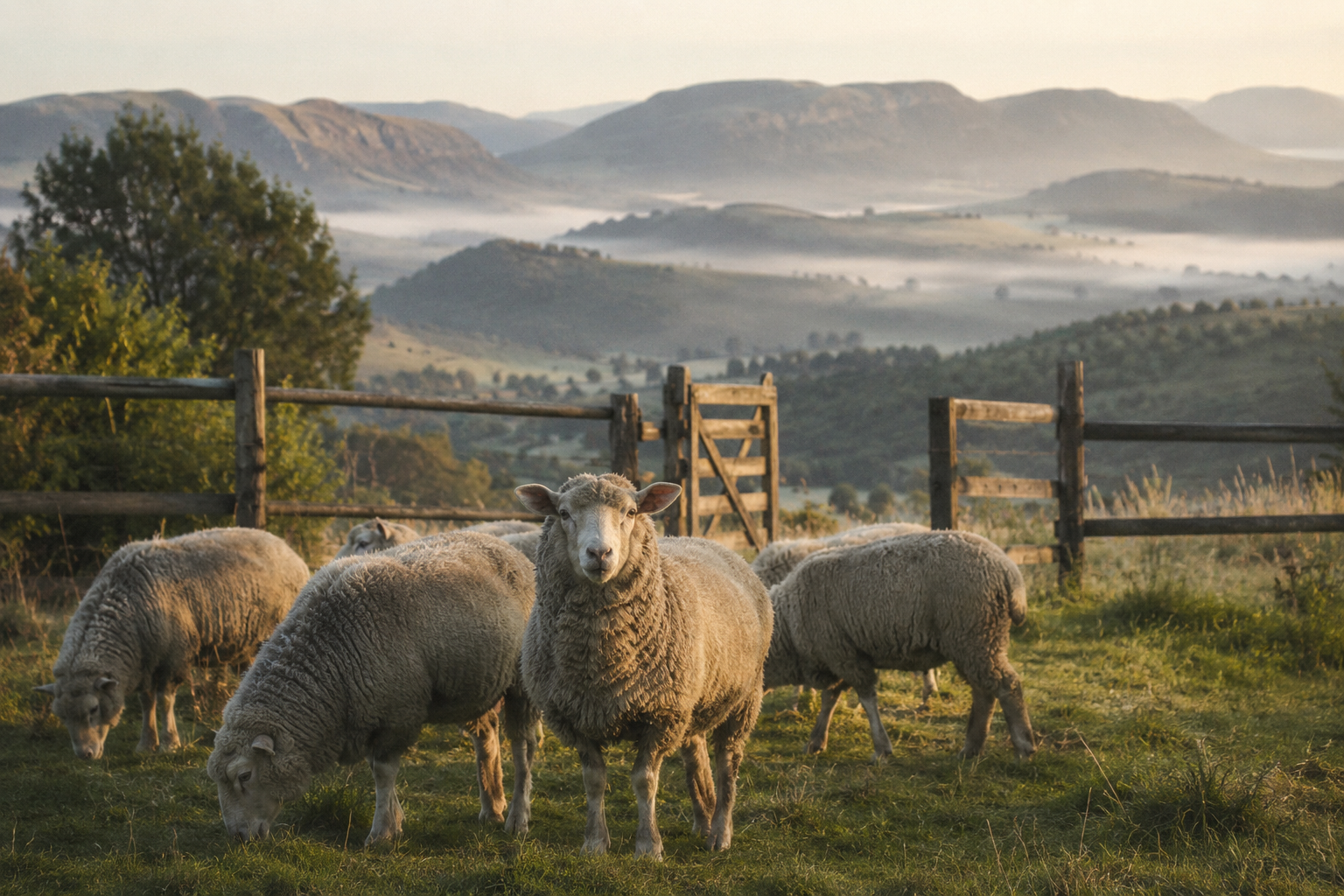 A flock of sheep grazing in front of a wooden gate with misty Magaliesberg valleys beyond