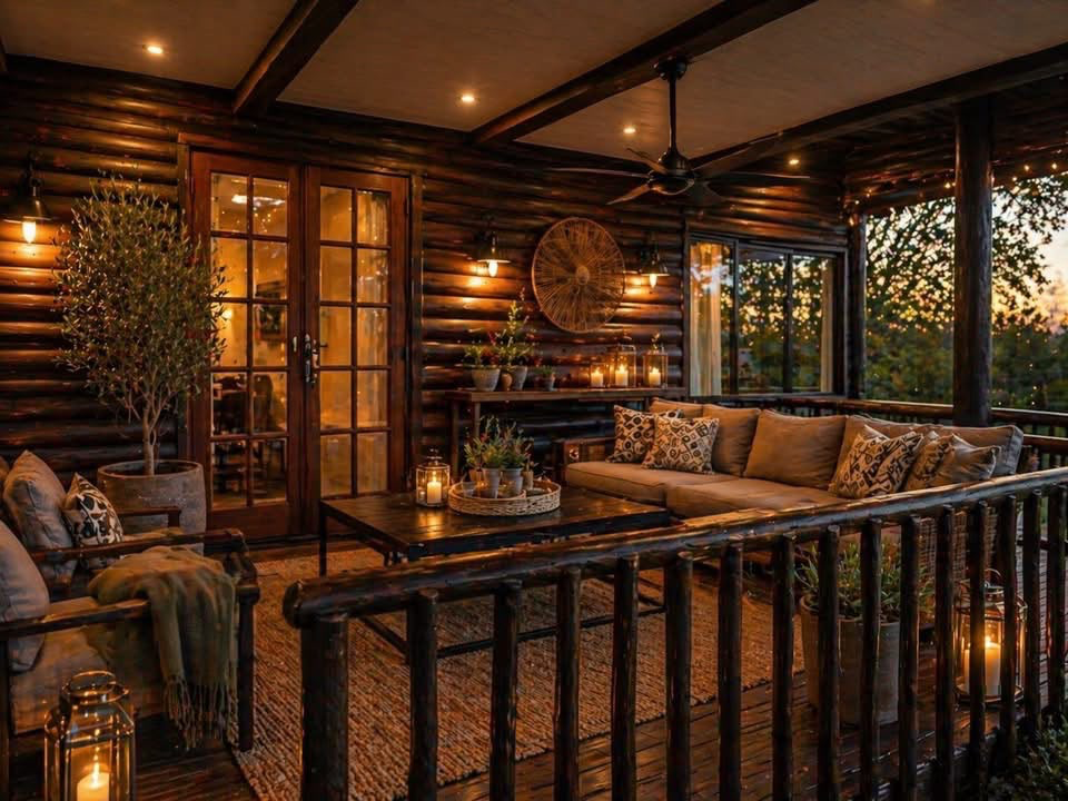 A warmly lit wooden deck with seating and lanterns at Umoya