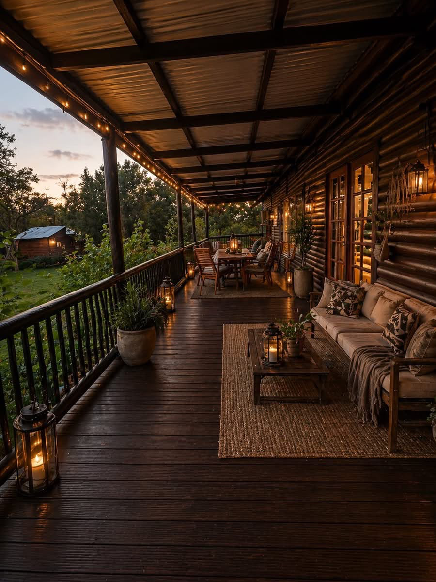 Lantern lit wooden veranda with lounge seating at the Family Lodge