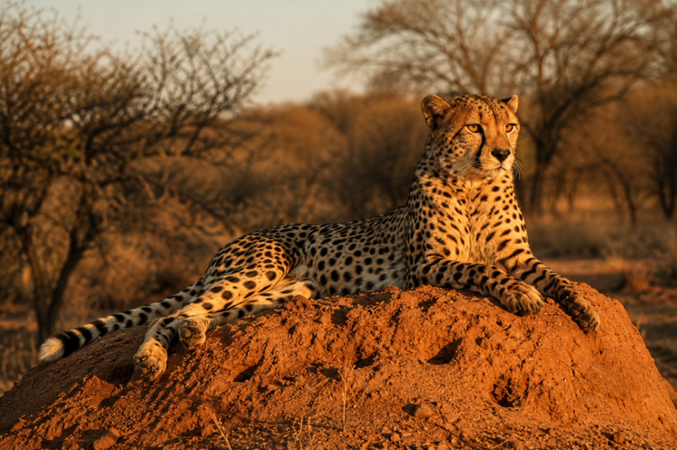 A cheetah resting on a sunlit mound in the bushveld