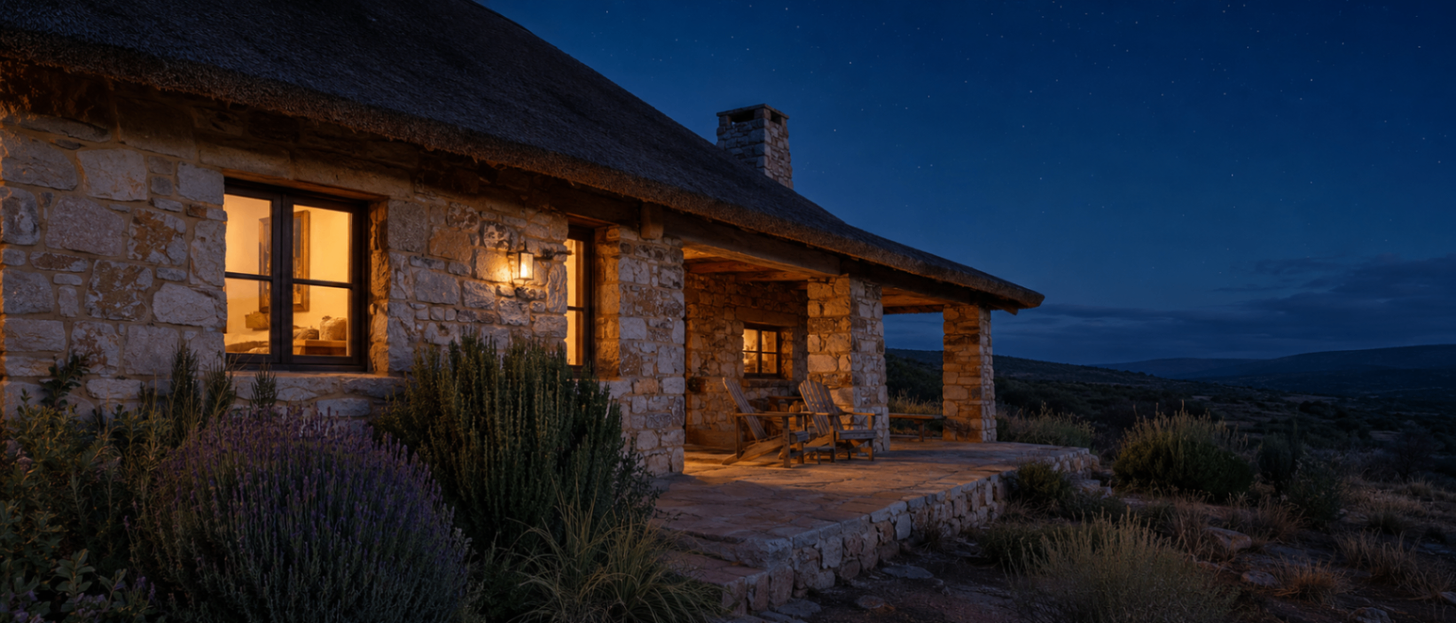South African farmhouse exterior at blue hour
