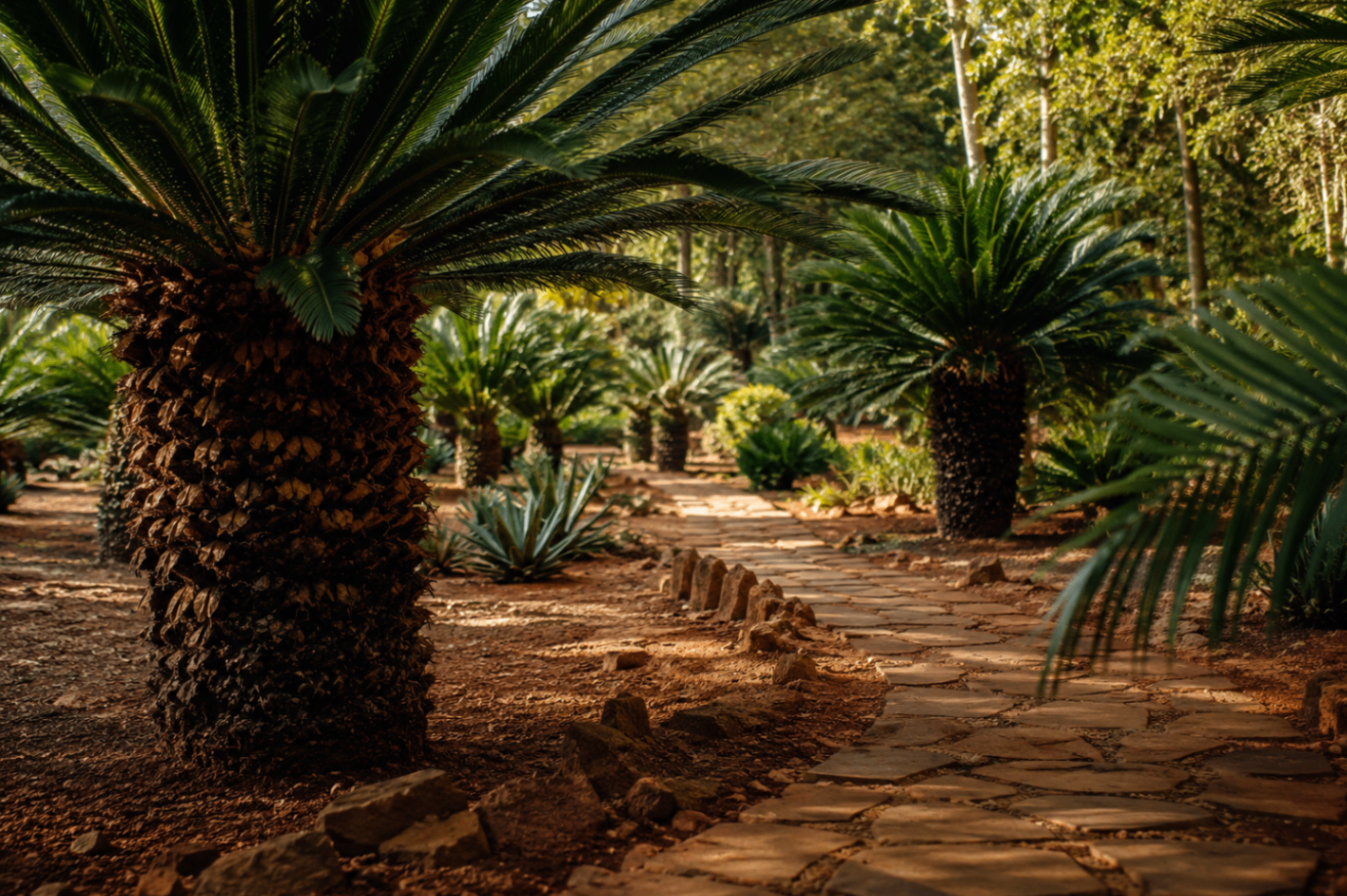 A stone path weaving through an established cycad garden