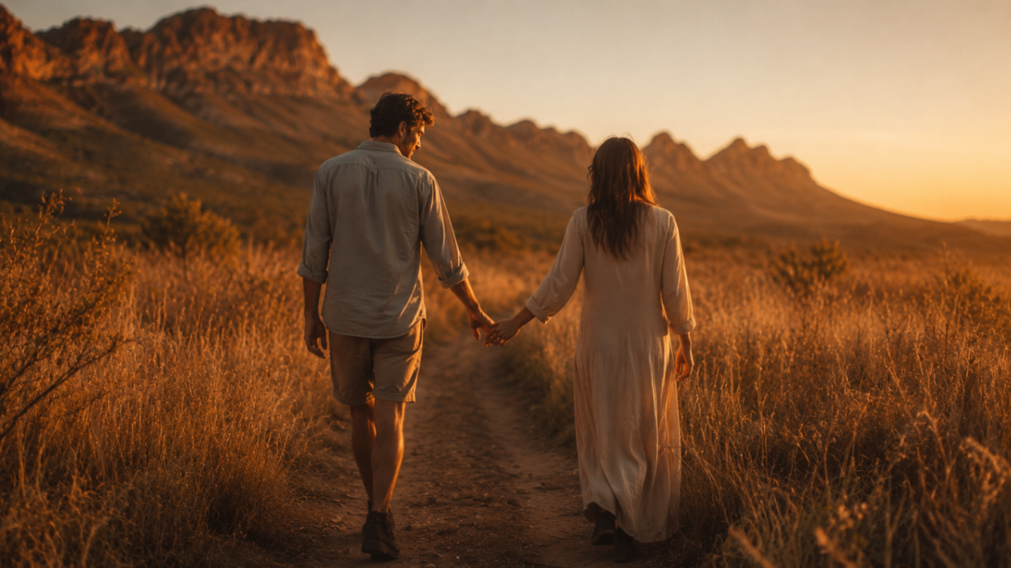 A couple walking hand in hand through golden grass at sunset near the mountains