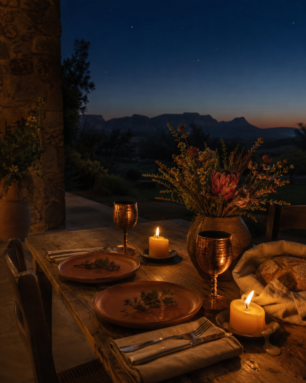 Outdoor long farm table set at golden hour